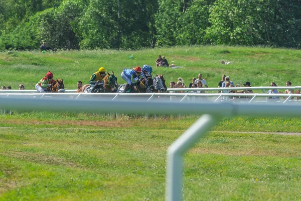 Horses with jockeys at long distance at Nationaldagsgaloppen at — Stock Photo, Image