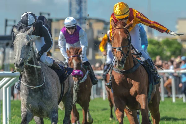 Лошади с жокеями из кривой в быстром темпе в Nationaldagsg — стоковое фото