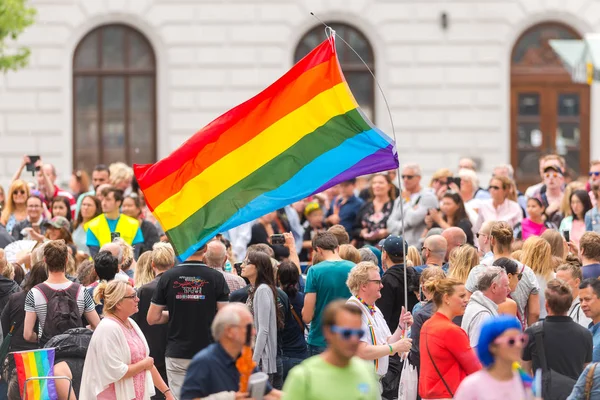Persona caminando en el desfile con una gran bandera del arco iris en el orgullo — Foto de Stock