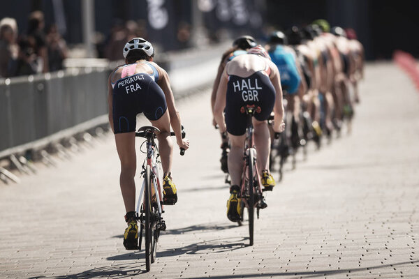 Row of cyclists in the womens ITU triathlon series