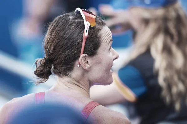 Closeup of the face of Flora Duffy (BER) after the finish at the — Stock Photo, Image