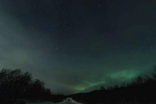 Northen lights in green stars and borealis in an show with a roa