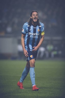 Solna, İsveç, Mart, 18, 2018: Djurgarden Kaptan Jonas Olsson Svenska cupen yarı final, portre.