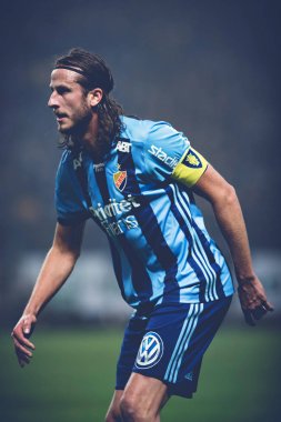 Solna, İsveç, Mart, 18, 2018: Djurgarden Kaptan Jonas Olsson Svenska cupen yarı final, portre.