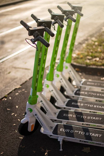 Scooters eléctricos verdes proporcionados por Kiwiride de pie en una fila i — Foto de Stock