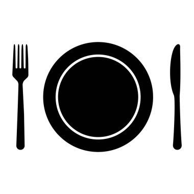 Çatal, bıçak ve plaka ikonu beyaz arka planda izole edilmiş. Moda araç tasarım biçimi