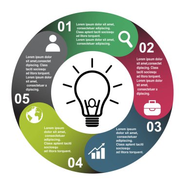 Etiketli beş renkte 5 adım vektör elemanı, bilgi diyagramı. Ampulle 5 adım veya seçeneklerin iş konsepti