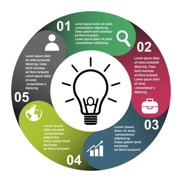 5 шагов векторный элемент в пяти цветах с метками, инфографическая диаграмма. Бизнес-концепция из 5 шагов или вариантов с лампочкой — стоковый вектор