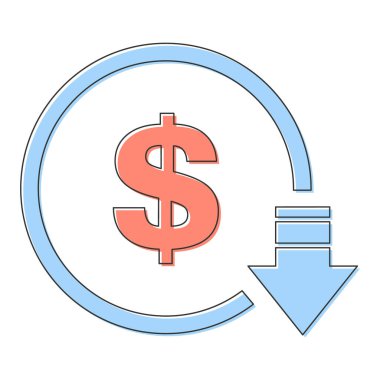 Cost reduction- decrease dollar icon. Vector symbol image isolated on background . clipart