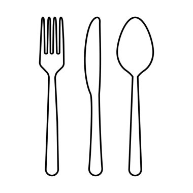 Beyaz arka planda kaşık, çatal ve bıçak ikonu var. Moda araç tasarım biçimi .