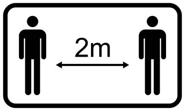 Sosyal uzaklık simgesi vektörü beyaz arkaplanda izole edildi. İnsan işaretli Covid-19 alarmı, vektör illüstrasyonu .