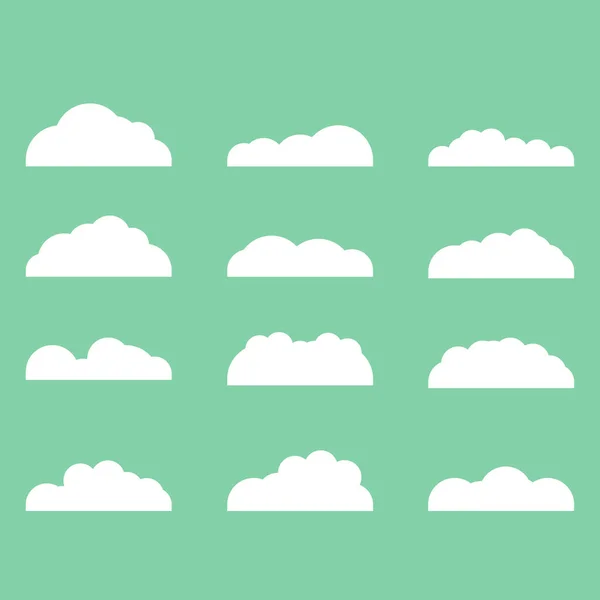 Σύνολο Διαφορετικών Εικονίδια Σύννεφο Επίπεδη Σχεδίαση Που Απομονώνονται Πράσινο Φόντο — Διανυσματικό Αρχείο