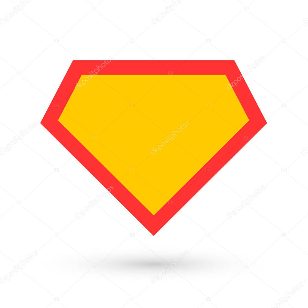 Comic hero icon, symbol shield. Isolated vector on blue background .