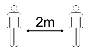 Sosyal uzaklık simgesi vektörü beyaz arkaplanda izole edildi. İnsan işaretli Covid-19 alarmı, vektör illüstrasyonu .