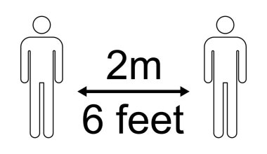 Sosyal uzaklık simgesi vektörü beyaz arkaplanda izole edildi. İnsan işaretli Covid-19 alarmı, vektör illüstrasyonu .