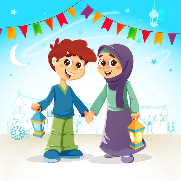 Muslim Laki-laki dan perempuan Merayakan Ramadan - Stok Vektor