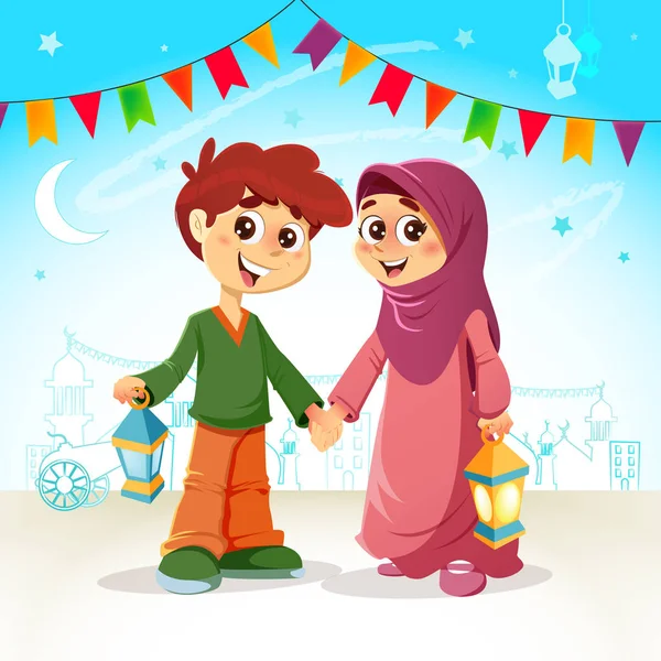 少年と少女は、ラマダンを祝う — ストックベクタ