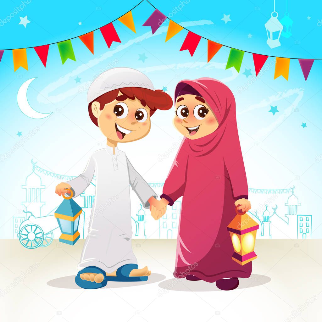 Vector Arabic Muslim Boy and Girl Celebrating Ramadan