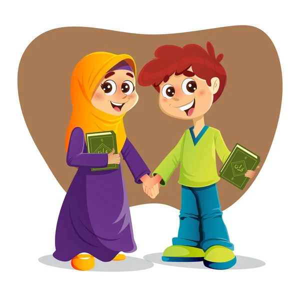 Niño y Niña con Sagrado Libro del Corán — Vector de stock