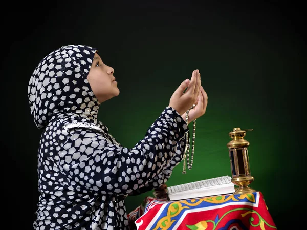 Hands Up Young Muslim Girl Praying — Stock Photo, Image