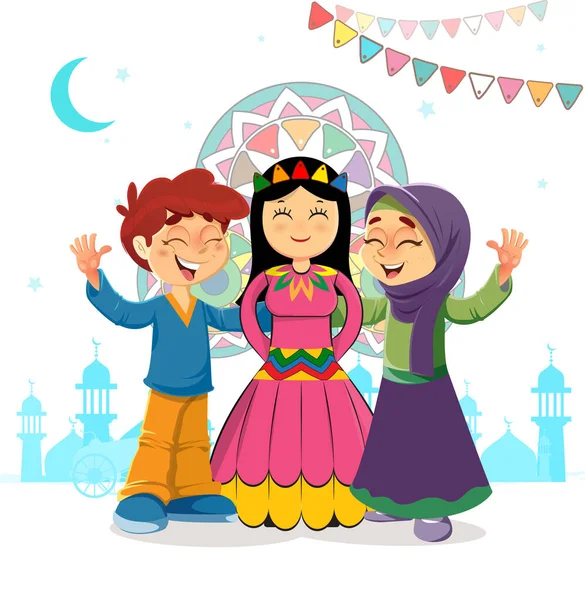 Tarjeta de felicitación islámica vectorial tradicional de dos niños y novia mawlid — Vector de stock