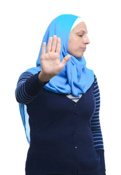 Nahaufnahme Porträt Einer Ernsthaften Jungen Muslimischen Frau Die Stopp Verweigerungsgeste — Stockfoto