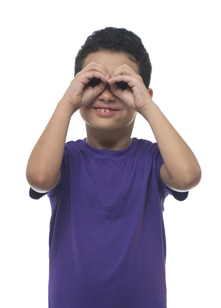 Young Funny Explorer Boy Looking His Hands Imagination Exploration — Stock Photo, Image