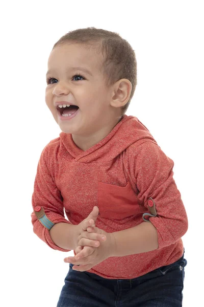 Αστείο Όμορφο Μικρό Παιδί Γέλιο Υστερικά Απομονώνονται Λευκό Φόντο — Φωτογραφία Αρχείου