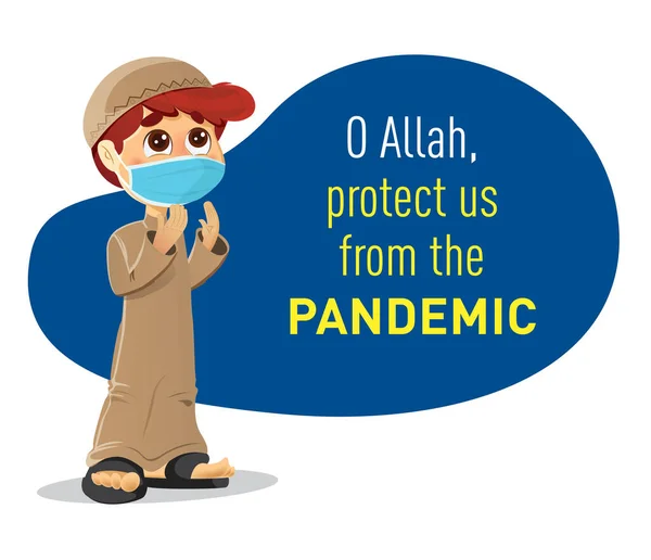 Muselman Pojke För Allah Skydda Oss Från Pandemisk Coronavirus — Stock vektor