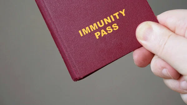 Pasaporte o pase de inmunidad - documento de viaje del certificado de inmunidad europeo con maqueta de mano —  Fotos de Stock
