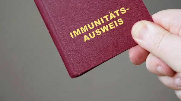 Niemiecka przepustka lub paszport - ręczne trzymanie makiety europejskiego certyfikatu odpornościowego — Zdjęcie stockowe