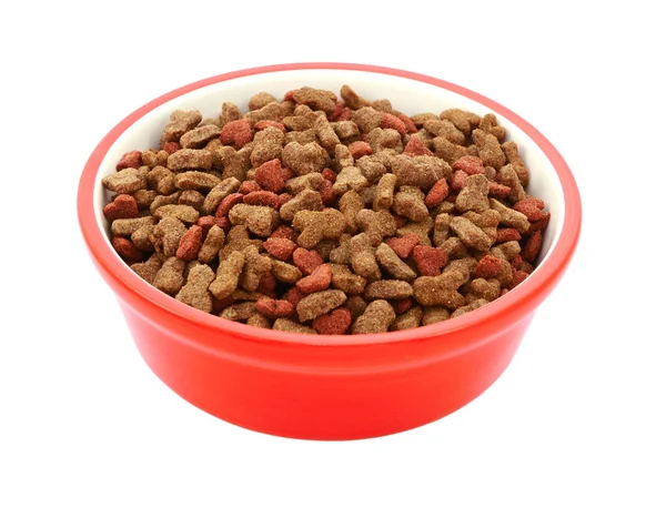 Dry cat biscuits in a red pet food bowl — Stock Photo, Image