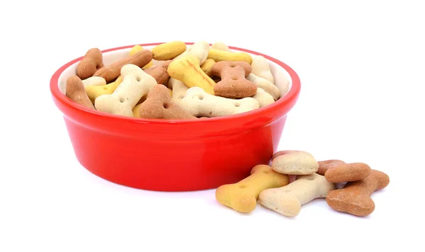 Cibo secco per cani in una ciotola rossa, biscotti versati accanto — Foto Stock