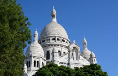 Paris 'teki Sacre Coeur Bazilikası' nın kubbesi ağaçların üzerinde yükselir. 