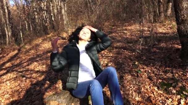 Brunette Woman Enjoying Autumn Time Forest — Stock Video