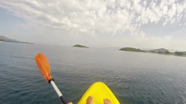 Man Kayaking Calm Green Water — Stock Video
