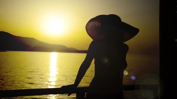 Silhouette Donna Cappello Paglia Piedi Sul Molo Guardando Tramonto — Video Stock