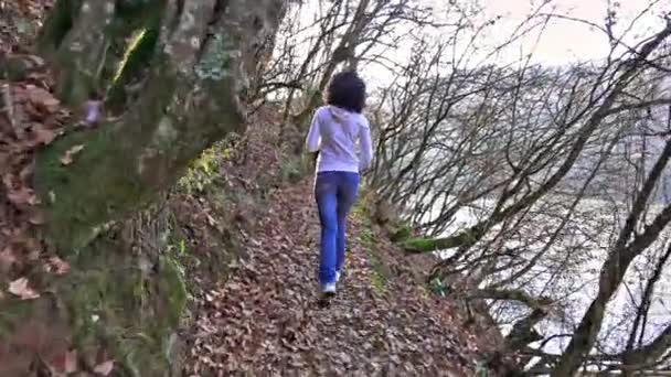 Жіночий Бігун Осінньому Лісі Вдень — стокове відео