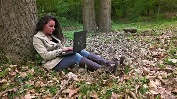 Mujer Joven Escribiendo Ordenador Portátil Parque Temporada Otoño — Vídeo de stock