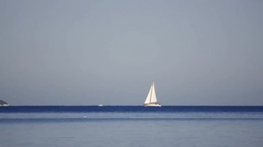 Deniz yüzeyi üzerinde uçuşan martılar ile yelken tekne