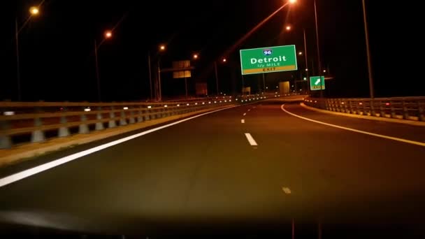 Driving Highway Night Exit Sign Detroit City Michigan — Stock Video