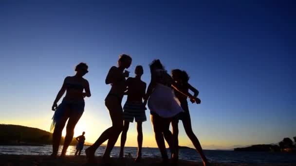 在日落的背景下 在海滩上玩耍和跳舞的年轻人 — 图库视频影像