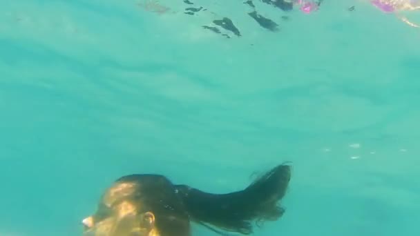 Mujer Joven Nadando Bajo Agua Océano Con Reflexión Superficial Stock — Vídeos de Stock