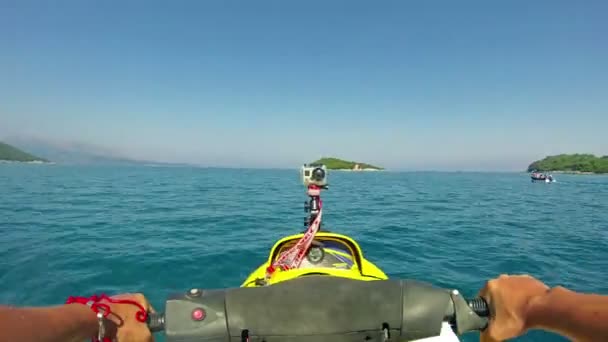 Corfu Greece August 2014 Man Riding Jet Ski Vacation — Stock Video
