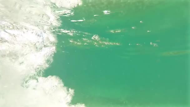 Man Onderwater Springen Luchtbellen Stijgt Naar Oppervlakte — Stockvideo