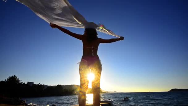 日落背景上挥舞着围巾的海滨女子后视 — 图库视频影像