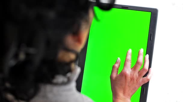 Business Woman Using Tablet Touchscreen Chroma Key Close Fingers Make — Stock Video