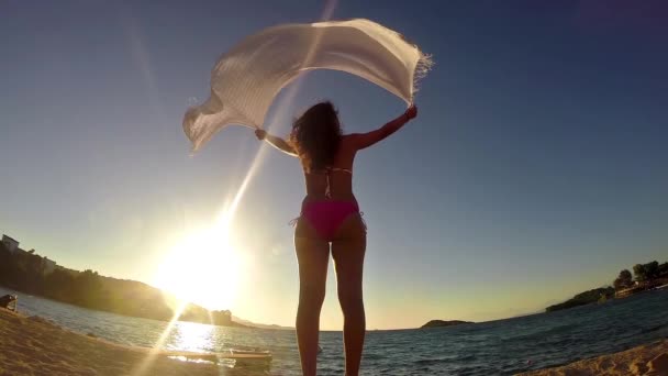 Slow Motion Woman Sea Beach Waving Scarf Sunset Background — Stock Video