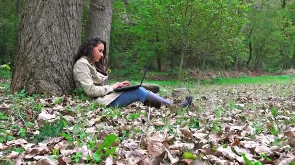 Mujer Joven Escribiendo Ordenador Portátil Parque Temporada Otoño — Vídeos de Stock