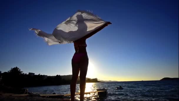 Rear View Woman Sea Beach Waving Scarf Sunset Background — Stock Video